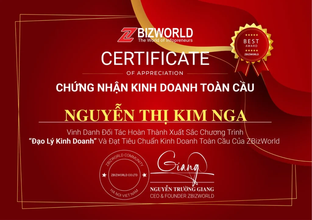 Chứng nhận Đạo Lý Kinh Doanh của Nguyễn Thị Kim Nga