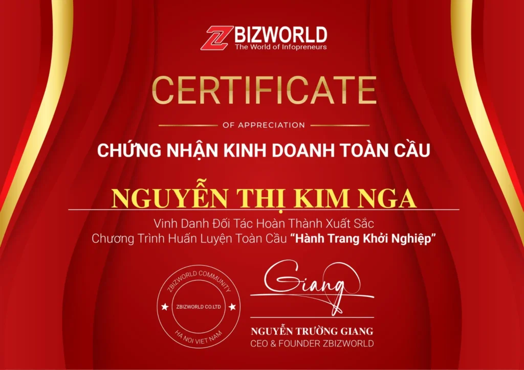 Chứng nhận Hành Trang Khởi Nghiệp của Nguyễn Thị Kim Nga